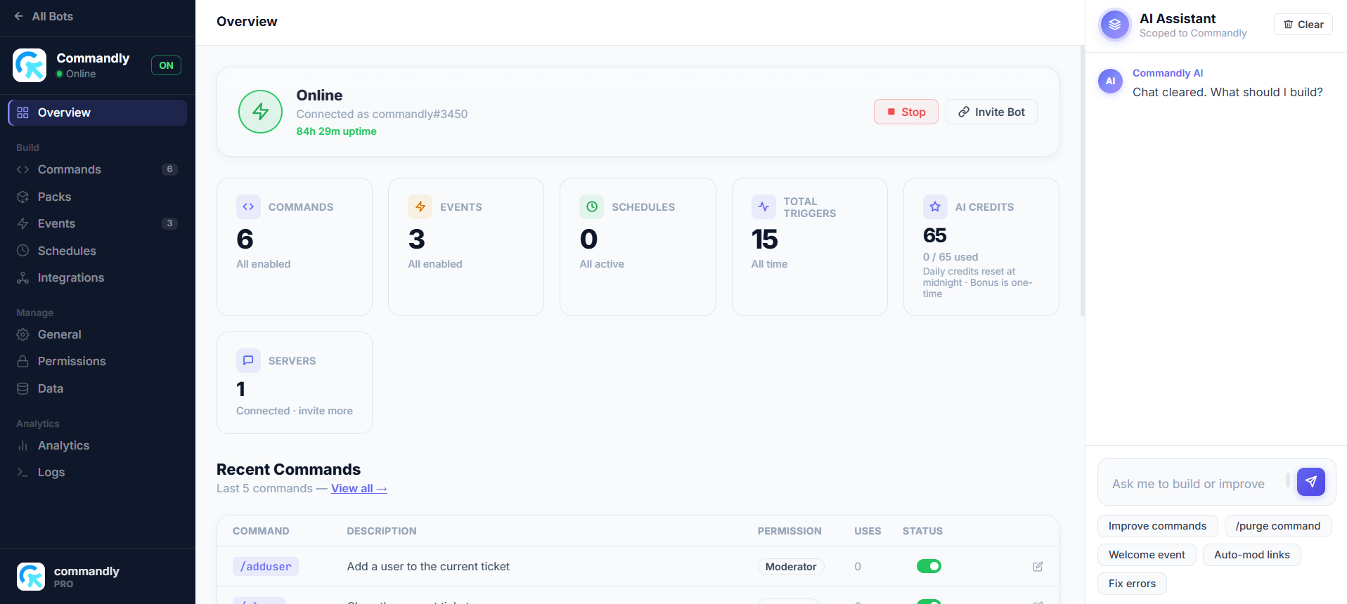 Commandly bot dashboard with AI assistant